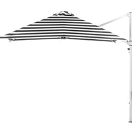 A black and white 10 square outdoor umbrella with a sleek silver stand by Ledge Lounger, featuring a stylish rechargeable light for enhanced ambiance.