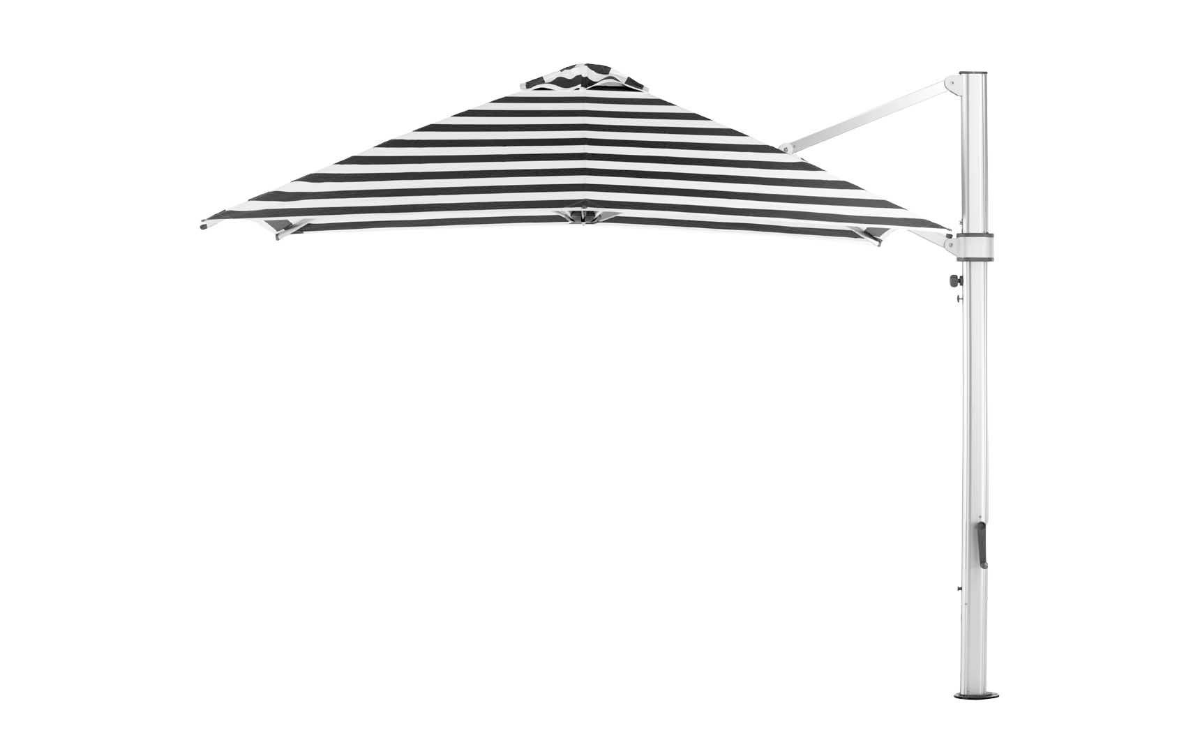 A black and white 10 square outdoor umbrella with a sleek silver stand by Ledge Lounger, featuring a stylish rechargeable light for enhanced ambiance.