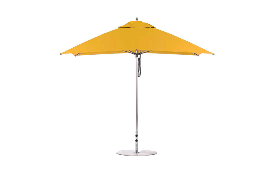 The Ledge Lounger Essential Fiberglass Umbrella, 8.5 Rectangle Pulley in yellow, features a metal pole with a circular base and marine-grade fabric for wind resistance and lasting durability.