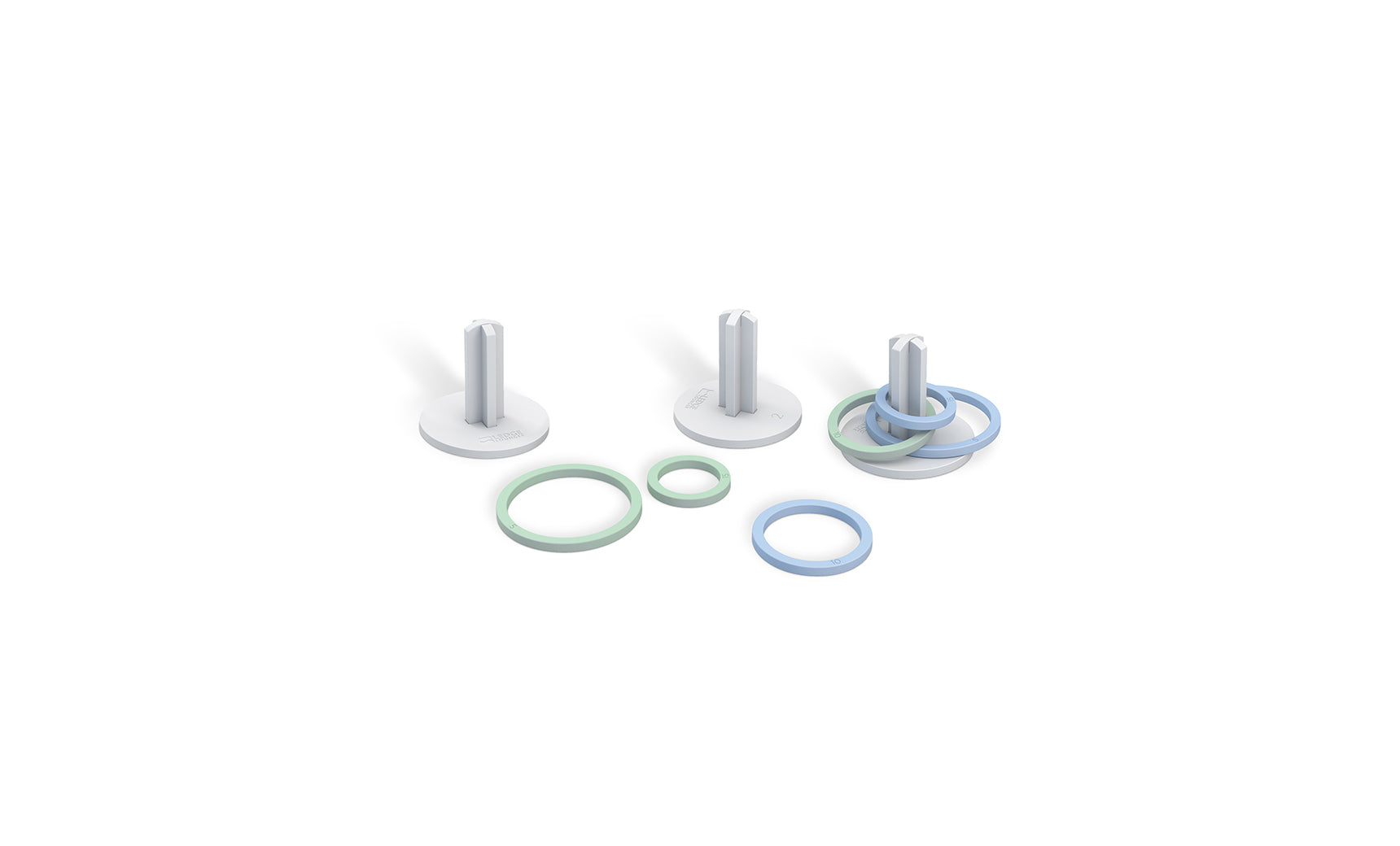Three Ledge Lounger white cylindrical pegs on circular bases, surrounded by pastel blue and green rings, resemble a Ring Toss setup. Set against a plain white background, it invites a playful outdoor game experience.