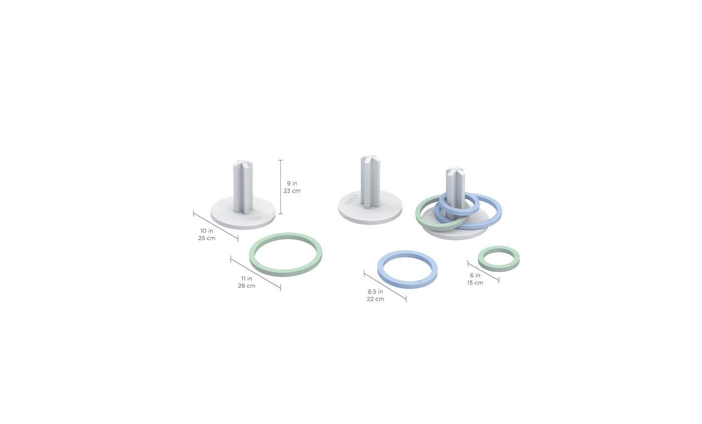 Ledge Loungers Ring Toss set features three towers (9 in, 10 in, and 8.5 in) ideal for backyard fun. The blue and green rings come in diameters of 11 in, 9 in, and 8.5 in, providing an exciting outdoor challenge.