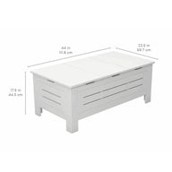 The Mainstay Storage Coffee Table by Ledge Lounger is a white rectangular bench with slatted sides, offering ample storage and measuring 44 L x 23.5 W x 17.5 H. This versatile piece is perfect for enhancing your outdoor living space.