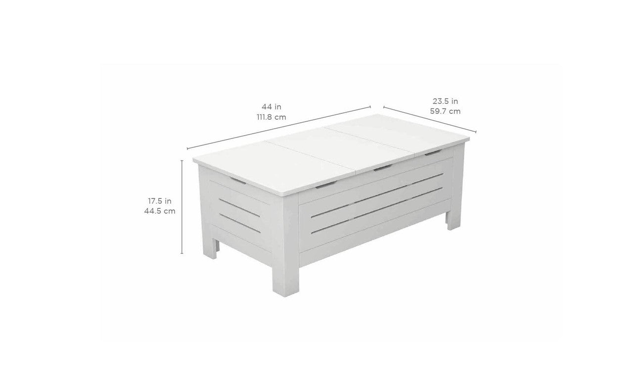 The Mainstay Storage Coffee Table by Ledge Lounger is a white rectangular bench with slatted sides, offering ample storage and measuring 44 L x 23.5 W x 17.5 H. This versatile piece is perfect for enhancing your outdoor living space.