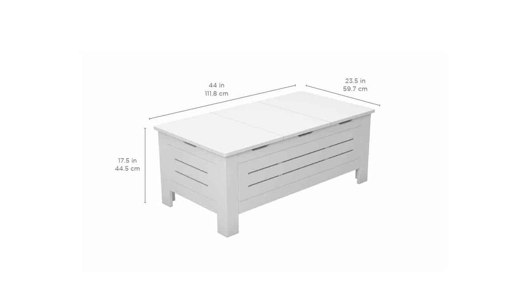 White wooden storage bench with slatted sides and hinged top. Dimensions shown: 44 inches (111.8 cm) long, 23.5 inches (59.7 cm) wide, and 17.5 inches (44.5 cm) tall.
