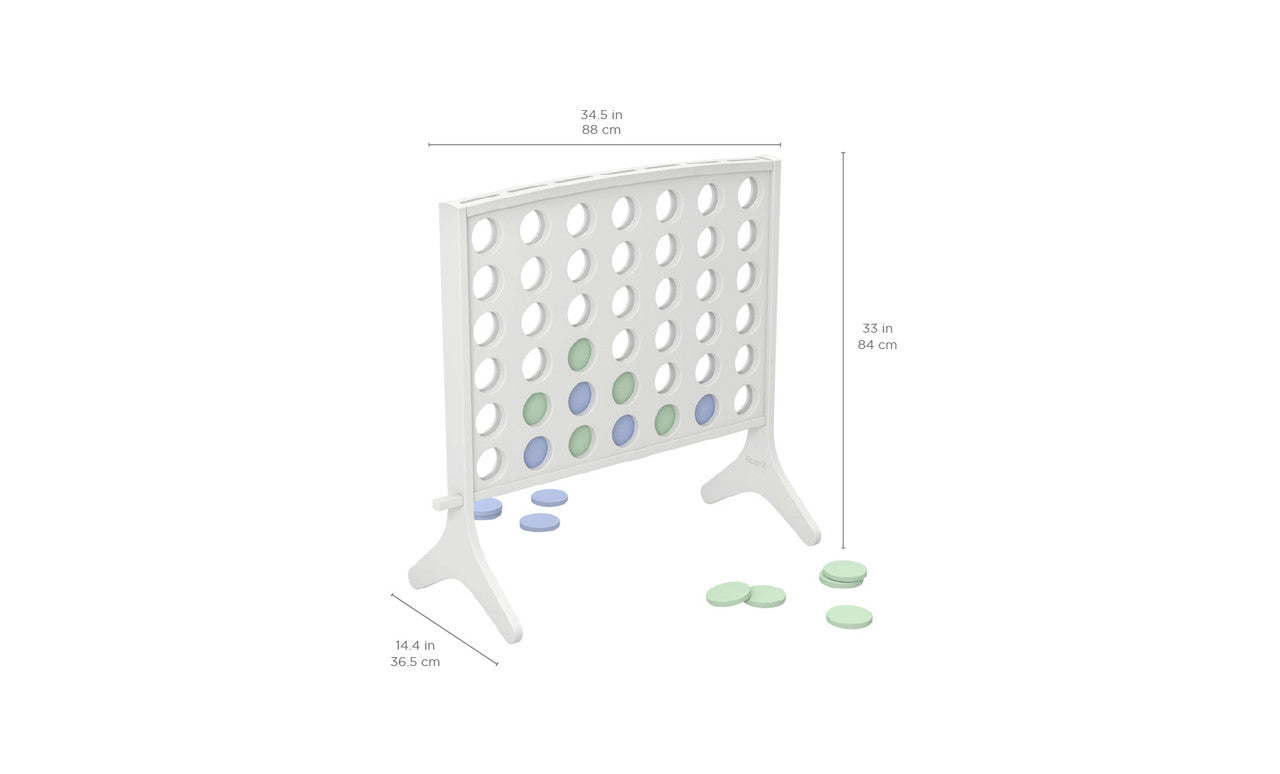 Enjoy outdoor fun with Ledge Loungers Four In A Row game, featuring large blue and green chips. The 34.5 x 33 x 14.4 grid is partly filled, while more chips lie around for your next strategic move.