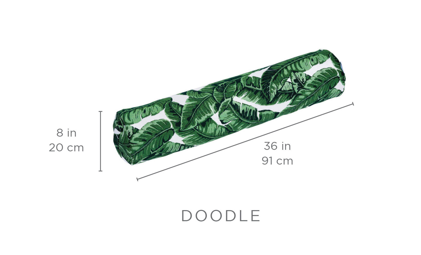 The Laze Doodle by Ledge Lounger is a cylindrical bolster cushion with a green leafy pattern, featuring dimensions of 8 inches (20 cm) in diameter and 36 inches (91 cm) in length.