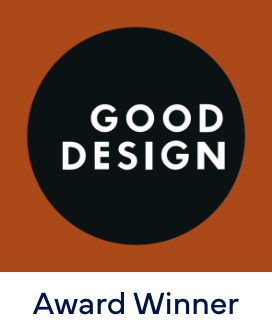 A black circle with the words “GOOD DESIGN” in white, centered on a brown-orange background. Below the circle, the text “Award Winner” appears in dark blue.