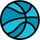 Illustration of a basketball in blue shades with bold, black outlines. The ball is designed with curved stripes, maintaining a simple and modern look.