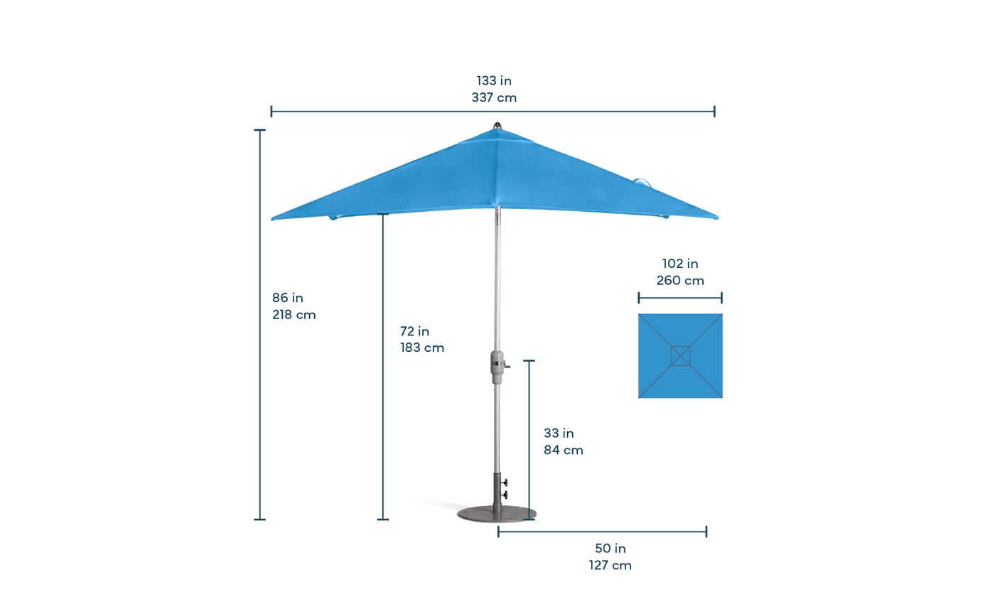 The Ledge Lounger 8.5 Square Signature 360° Tilt Umbrella embodies luxury with its premium blue canopy. It features a 133 (337 cm) width and an 86 (218 cm) height when open, while the closed canopy stands at 72 (183 cm). The base measures 50 (127 cm), exuding outdoor elegance.