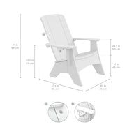 The Halo Aglow Bundle by Ledge Lounger is a white Adirondack chair with dimensions of 37.5 (95 cm) deep, 30 (76 cm) wide, and 37 (94 cm) high. The seat height is 17 (43 cm), armrest height is 23.5 (60 cm), and assembly details are provided in insets.