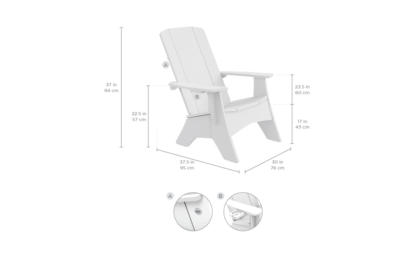 The Halo Aglow Bundle by Ledge Lounger is a white Adirondack chair with dimensions of 37.5 (95 cm) deep, 30 (76 cm) wide, and 37 (94 cm) high. The seat height is 17 (43 cm), armrest height is 23.5 (60 cm), and assembly details are provided in insets.