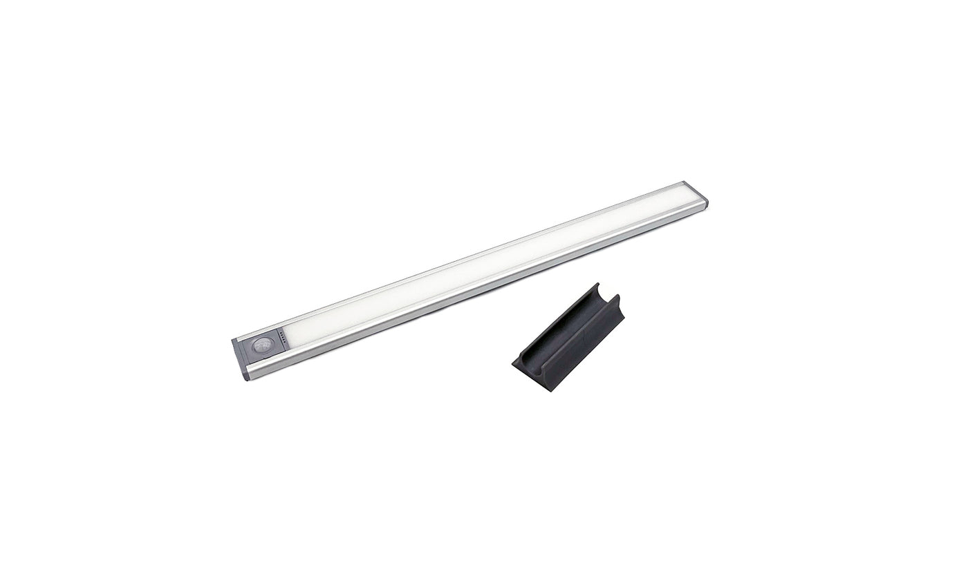 The Ledge Lounger Umbrella Light, a slim rectangular LED with a silver border and round button, comes with a detachable black mounting clip—ideal for illuminating your patio.