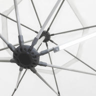 Close-up of the underside of a white umbrella with metal spokes radiating from a central hub. A Ledge Lounger Umbrella Light is attached to one spoke, creating a soft glow against the matching fabric background, ideal for an inviting patio setting.