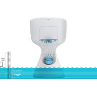 Illustration of the Hoopstr by Ledge Lounger, a smart pool skimmer with a basketball hoop design and net, floating on water. It features a blue and white color scheme and includes a water depth chart displaying 1m to 2.5m—ideal for backyard basketball fun.