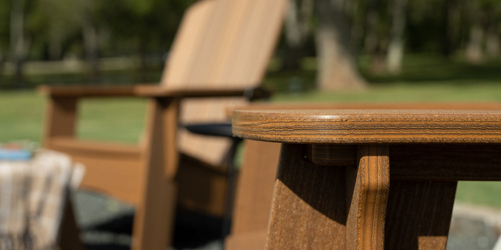 Woodgrain Adirondack Chairs outside