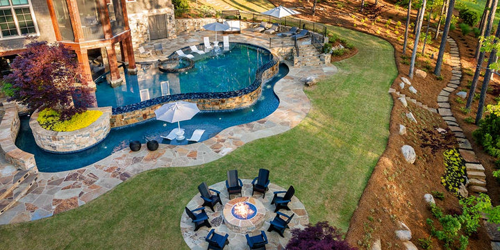Outdoor space with pool and fire-it