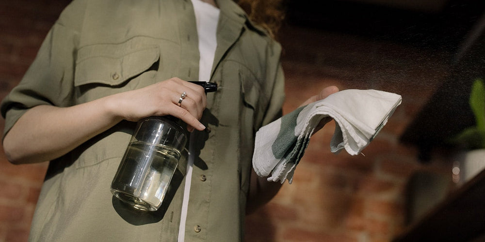 Woman spraying cloth to clean