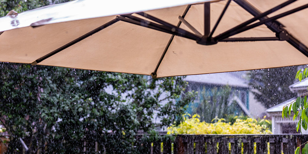 Umbrella protecting patio furniture from sunlight
