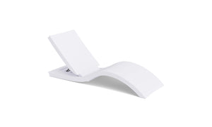 The Ledge Lounger Signature Adjustable Reclining Chaise is a modern, white, curved in-pool lounge chair with an adjustable backrest, ideal for relaxing on a sun shelf or tanning ledge. Shown set against a plain white background.