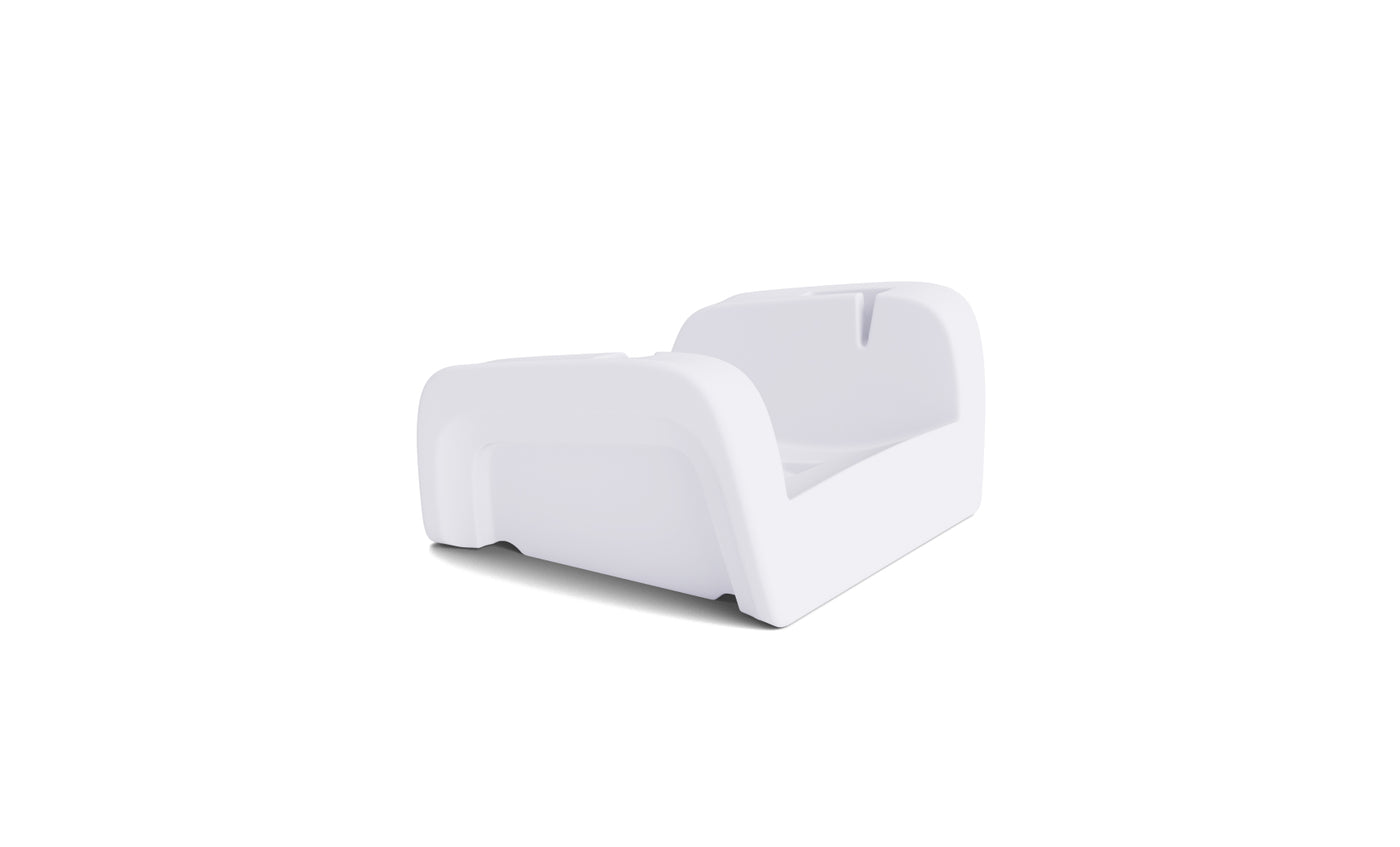 The Ledge Lounger Signature Chaise Armrest Console, a sleek, modern white accessory with rounded edges and a low profile, is displayed against a plain white background.