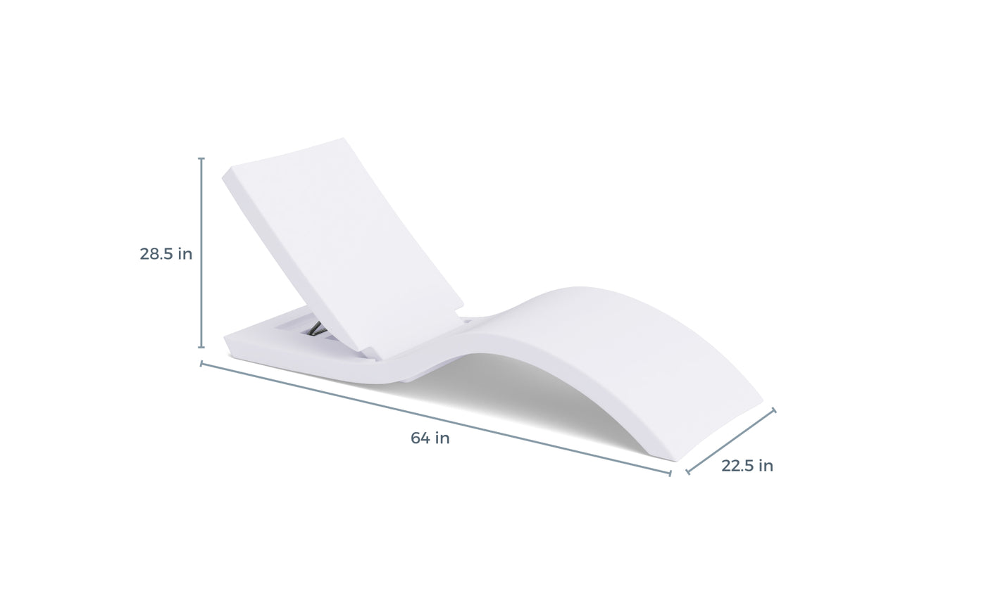 The Ledge Lounger Signature Adjustable Reclining Chaise is a white, modern in-pool lounge with an adjustable backrest, ideal for tanning ledges. Dimensions: 28.5" H x 64" L x 22.5" W.