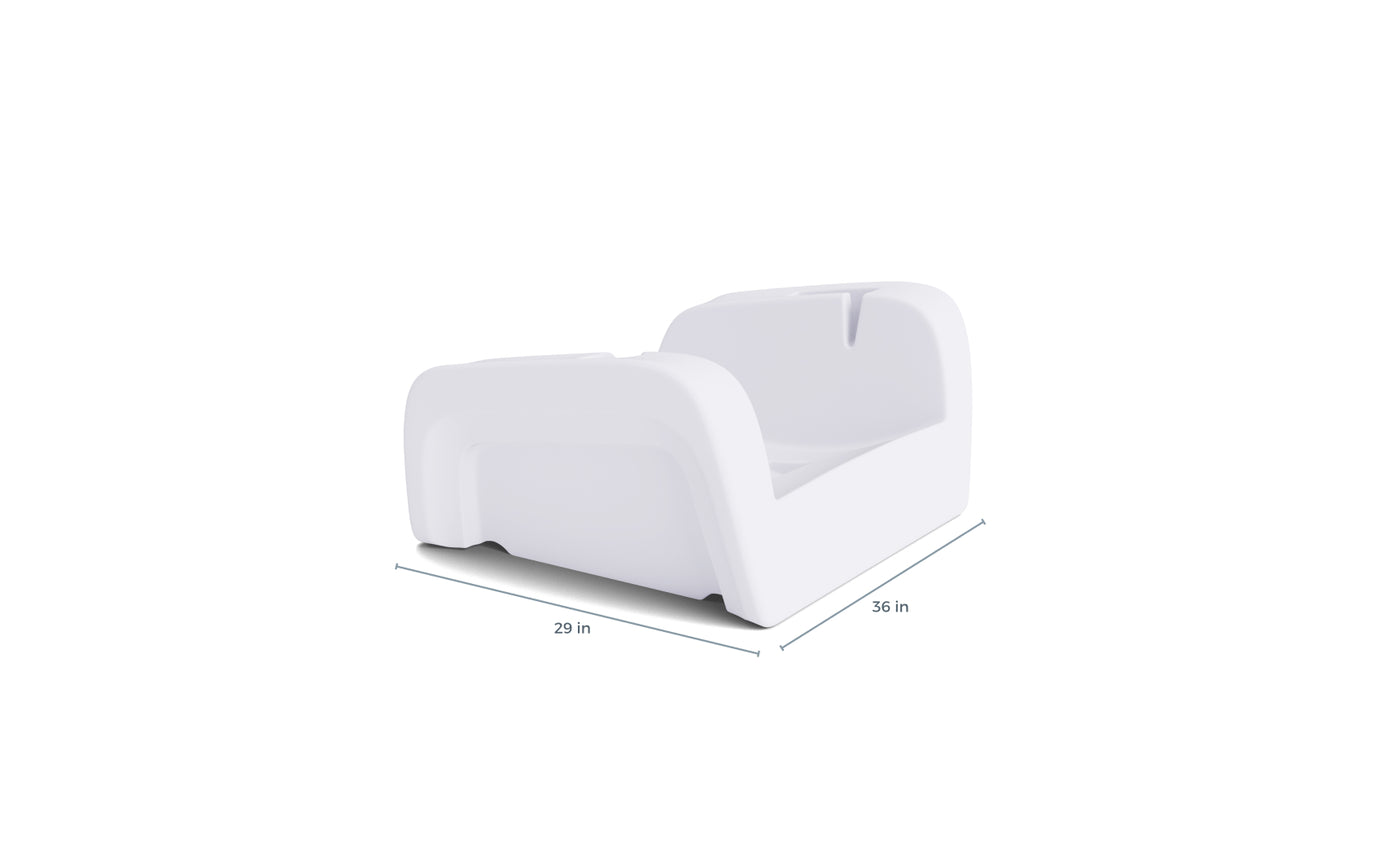 The Ledge Lounger Signature Chaise Armrest Console is shown angled on a plain white background, with 29-inch width and 36-inch length labeled, highlighting its sleek rounded edges and signature chaise-inspired design.