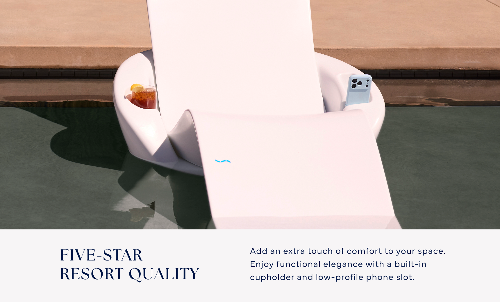 A Ledge Lounger Autograph Chaise Armrest Console in white floats on a tanning ledge, holding a drink and smartphone. Text highlights its five-star resort quality and details this premium pool accessory’s features.