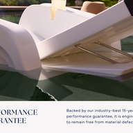 Close-up of the Ledge Lounger Signature Chaise Armrest Console, a modern white poolside lounge chair partially submerged on a sun shelf, with text below the image noting its 15-year performance guarantee for material defects.