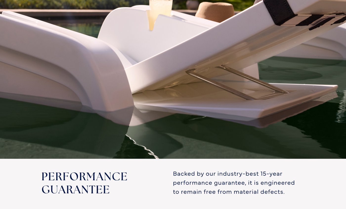 Close-up of the Ledge Lounger Signature Chaise Armrest Console, a modern white poolside lounge chair partially submerged on a sun shelf, with text below the image noting its 15-year performance guarantee for material defects.