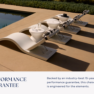 Four Ledge Lounger Signature Adjustable Reclining Chaises with small tables sit on a pool sun shelf, topped with towels and drinks. A note below features the chaise's 15-year performance guarantee.