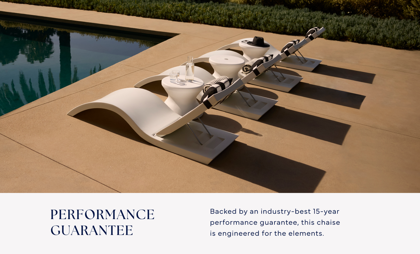 Four Ledge Lounger Signature Adjustable Reclining Chaises with small tables sit on a pool sun shelf, topped with towels and drinks. A note below features the chaise's 15-year performance guarantee.