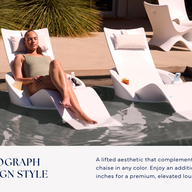 A woman enjoys a premium outdoor experience on the Ledge Lounger Autograph Chaise Armrest Console, set on the tanning ledge beside a matching empty chaise. The scene highlights modern, elevated poolside lounging.