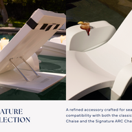 Two white Signature Chaise Armrest Consoles by Ledge Lounger sit partially submerged on a sun shelf; one shown from the side with its backrest raised, the other from above holding a drink on its armrest console. Text reads “Signature Collection.”.