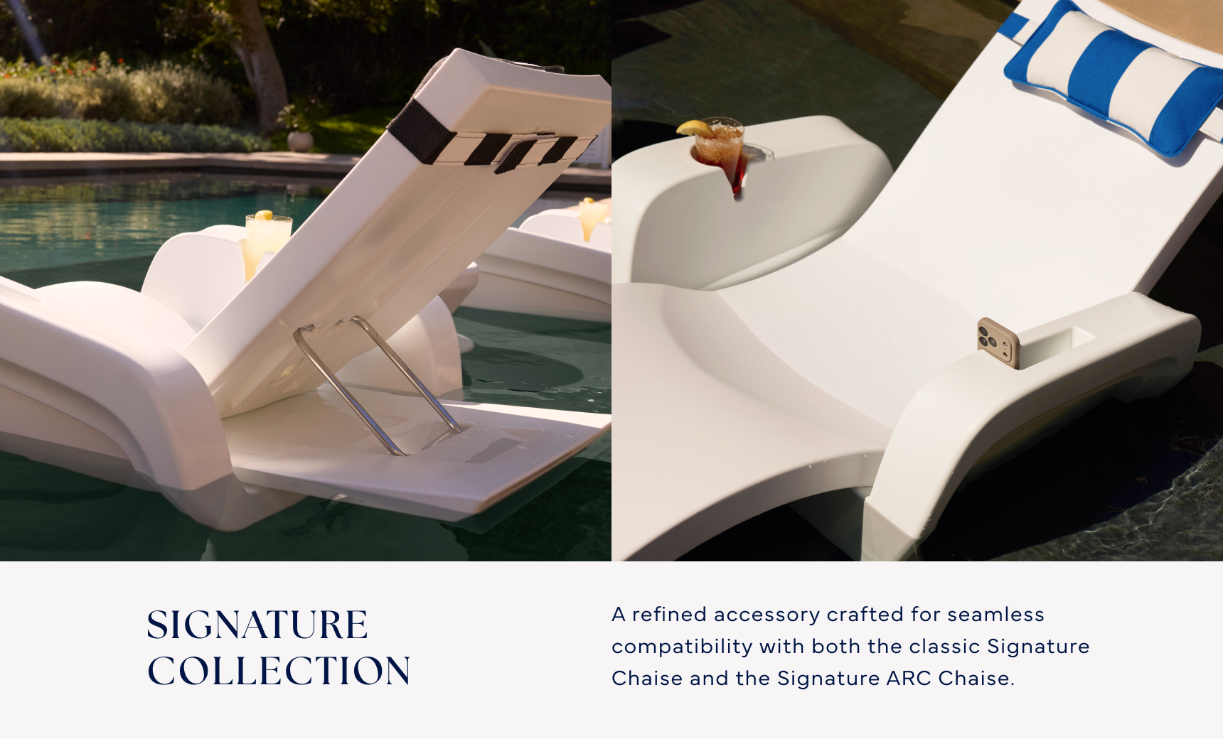 Two white Signature Chaise Armrest Consoles by Ledge Lounger sit partially submerged on a sun shelf; one shown from the side with its backrest raised, the other from above holding a drink on its armrest console. Text reads “Signature Collection.”.