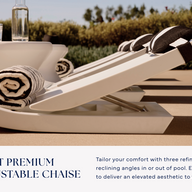 Two Ledge Lounger Signature Adjustable Reclining Chaises with black-and-white rolled towels and a glass bottle sit on a tanning ledge by the pool, surrounded by greenery under a clear sky.