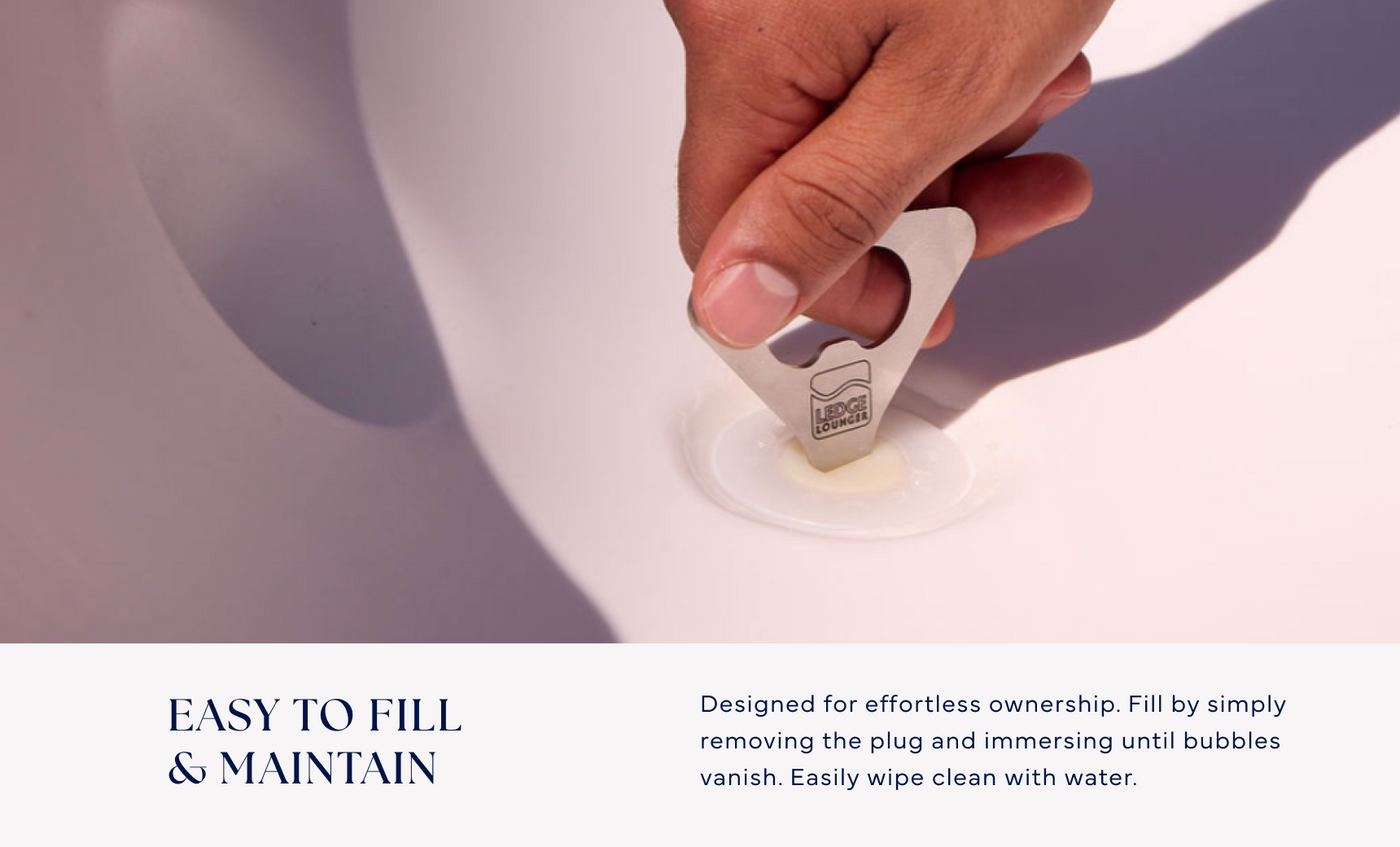 A hand removes a plug from the white Ledge Lounger Autograph Chaise Armrest Console using a metal tool—perfect as a poolside accessory for your tanning ledge. Below, text reads: EASY TO FILL & MAINTAIN, with simple cleaning and filling instructions.