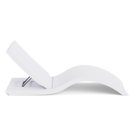 The Ledge Lounger Signature Adjustable Reclining Chaise is shown in profile on a white background. Its modern, minimalist design features smooth curves and an angled backrest, perfect for relaxing on a sun shelf or tanning ledge.