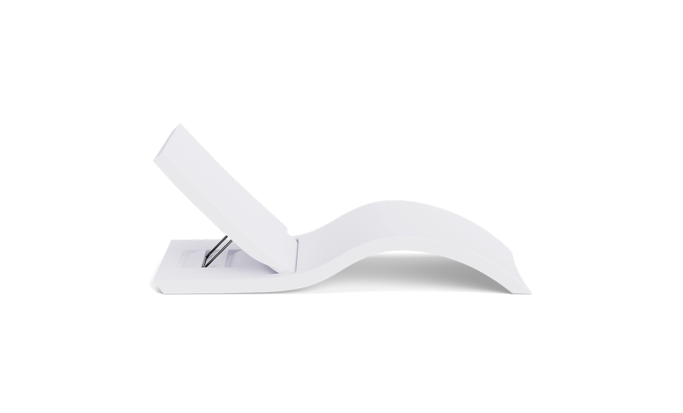 The Ledge Lounger Signature Adjustable Reclining Chaise is shown in profile on a white background. Its modern, minimalist design features smooth curves and an angled backrest, perfect for relaxing on a sun shelf or tanning ledge.