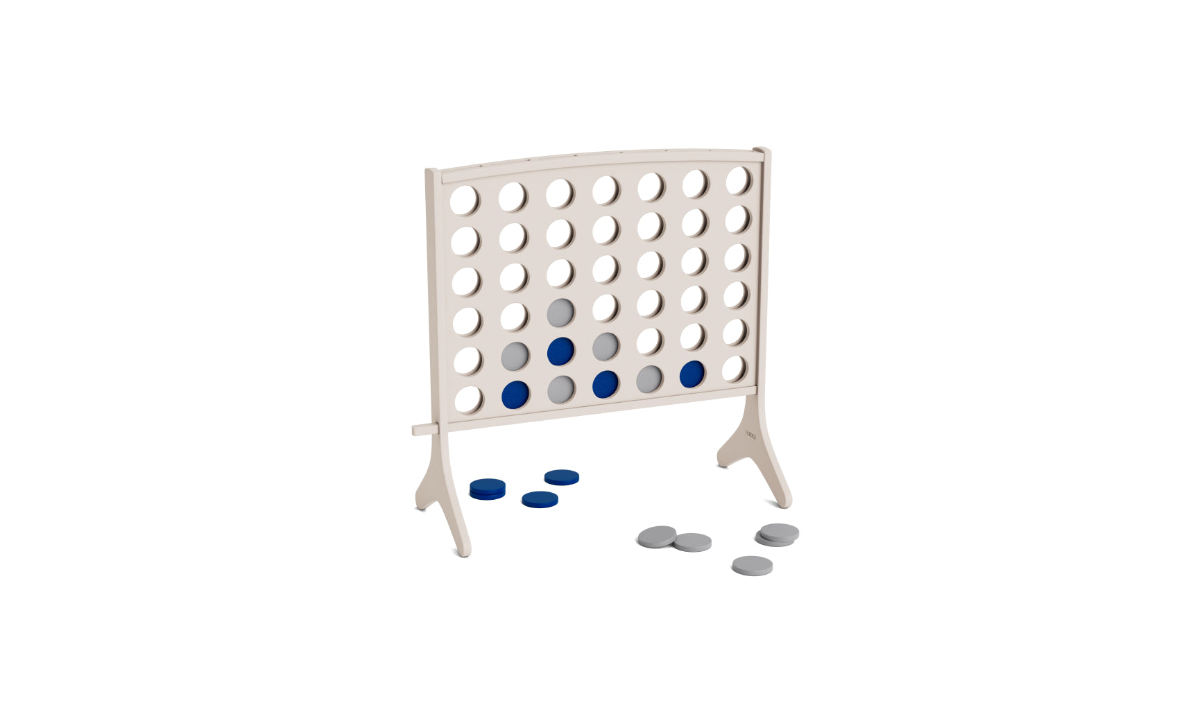 A white Ledge Lounger Four In A Row game stands upright, featuring several blue and gray checkers inside and a few checkers scattered on the ground nearby.