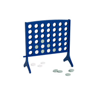 A blue Ledge Lounger Four In A Row game grid stands upright, with several white and gray playing discs scattered across the white surface around it, showcasing this oversized four in a row as a fun and impressive giant outdoor game.