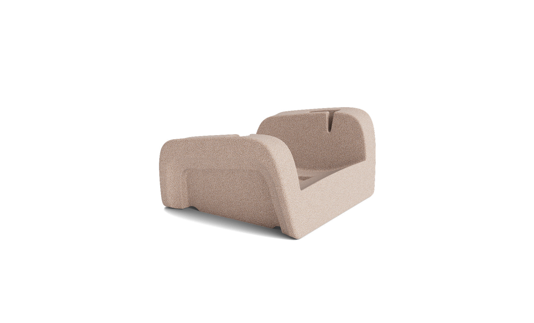 A light brown, rectangular molded pulp insert with raised sides and open center, designed to securely hold the Ledge Lounger Signature Chaise Armrest Console during shipping. Background is plain white.