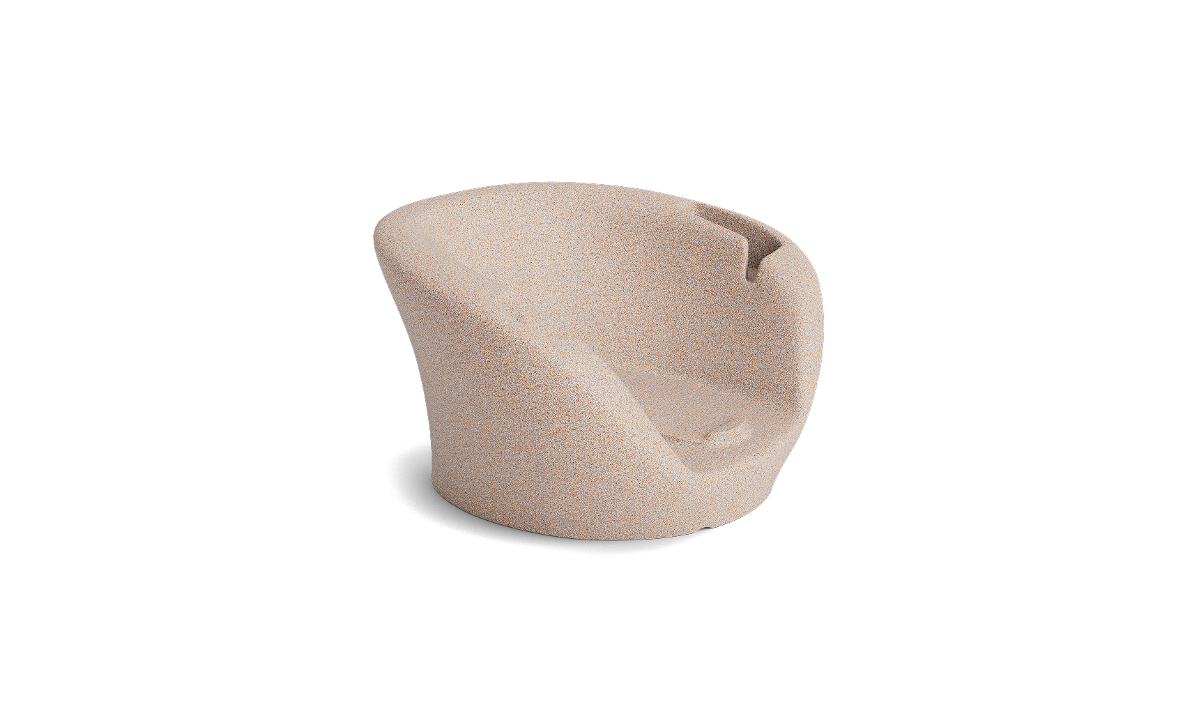 The Ledge Lounger Autograph Chaise Armrest Console is a modern beige armchair with a rounded back and smooth curves, featuring a textured finish—ideal for relaxing or socializing. It is displayed on a plain white background.