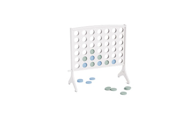The Ledge Lounger Four In A Row is an oversized outdoor game featuring a durable, all-weather white board with blue and green discs arranged in the spacious grid, while extra loose discs are displayed against a clean white background.