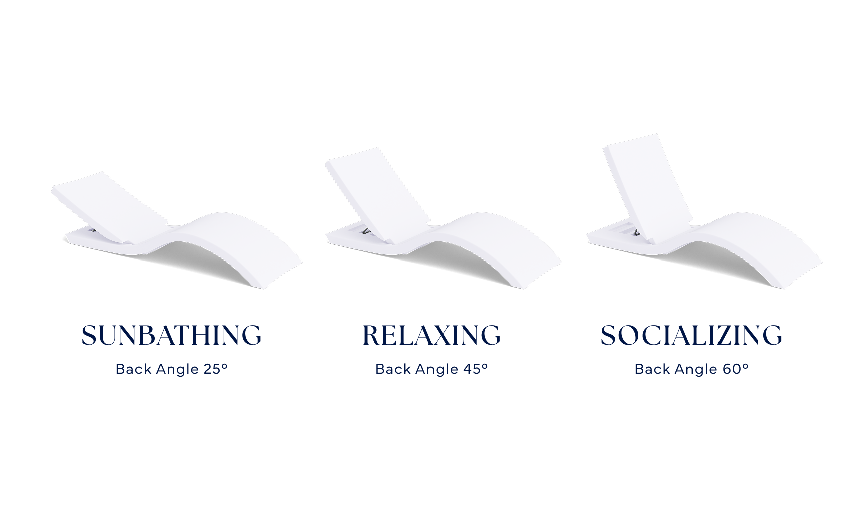 The Ledge Lounger Signature Adjustable Reclining Chaise offers three white in-pool loungers with 25°, 45°, and 60° backrest angles—ideal for sunbathing, relaxing, or socializing on your sun shelf or tanning ledge.