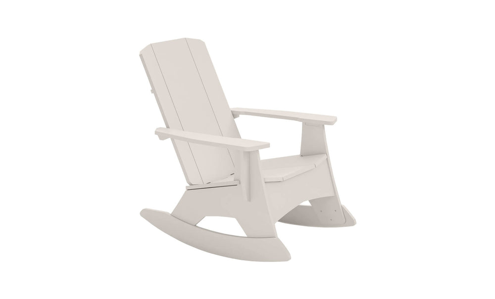 The Mainstay Adirondack Rocker by Ledge Lounger is a white wooden chair with a slatted backrest and seat, wide armrests, and a curved base for easy rocking. Ideal for outdoor or indoor spaces, it features durable stainless steel hardware and is shown on a plain white background.