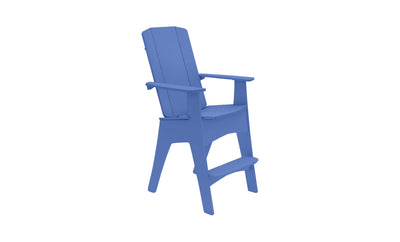 The Mainstay Adirondack Tall by Ledge Lounger is a blue chair featuring a high backrest, wide armrests, and footrest. Ideal for sun relaxation, it includes a built-in bottle opener for extra convenience.