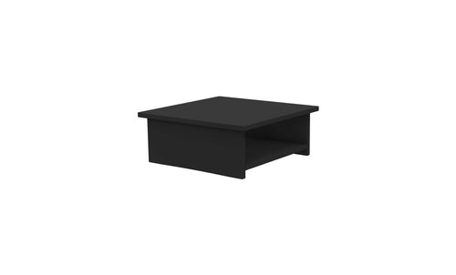 The Echo Side Table by Ledge Lounger features a square, black rectangular top and a lower open shelf, showcasing minimalistic design. Perfect as a wooden coffee table for patios, it’s displayed centrally against a white background.