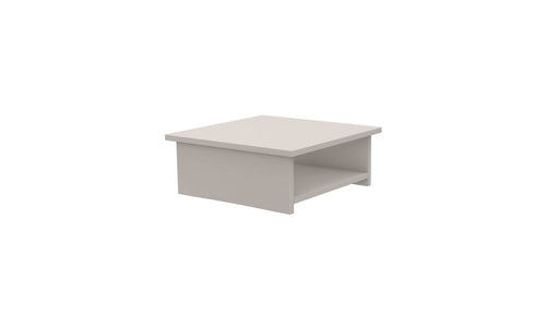 The Echo Side Table by Ledge Lounger, featured in light gray with a square shape, flat top, and lower shelf, offers minimalistic design ideal for modern interiors. Displayed against a white background. Final Sale.