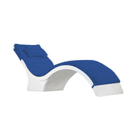 The Ledge Lounger Signature Chaise Deep Cushion features a modern white and blue curved design with a blue lounge cushion and matching headrest, ideal for stylish poolside relaxation.