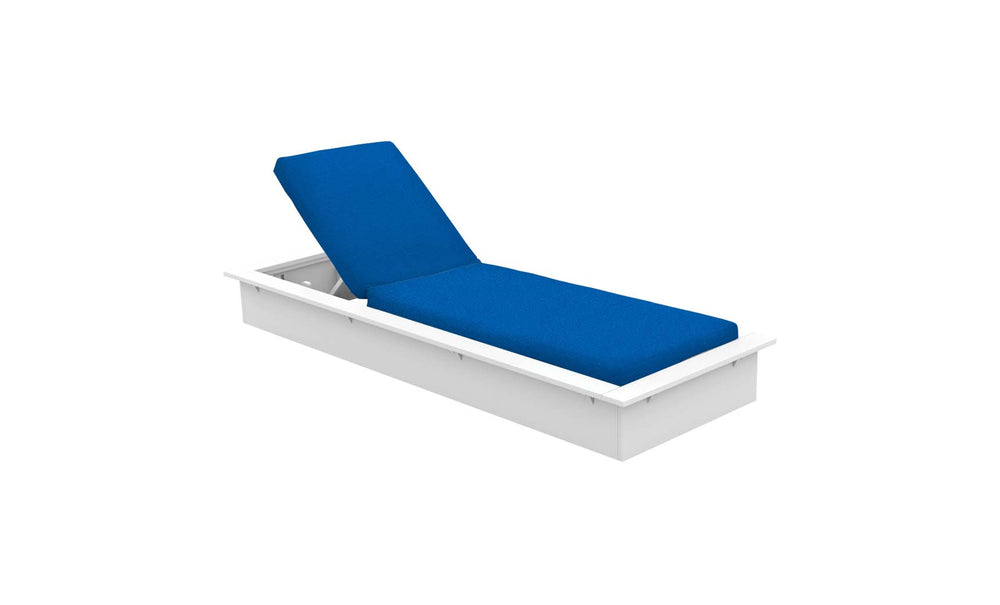 The Echo Chaise by Ledge Lounger features a white rectangular frame with a vivid blue cushion and an adjustable reclining backrest, ideal for creating an inviting outdoor space. Displayed against a plain white background, it combines style and comfort effortlessly.
